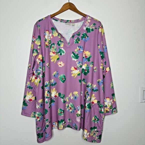 Logo Lounge Lori Goldstein Tunic Top Size 3X Purple Floral Pockets Artsy - Picture 1 of 10